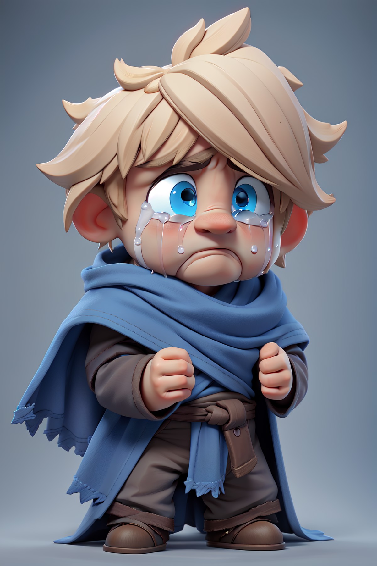 masterpiece, best quality, a sad blonde little boy wearing blue outfit crying with tears, blue background